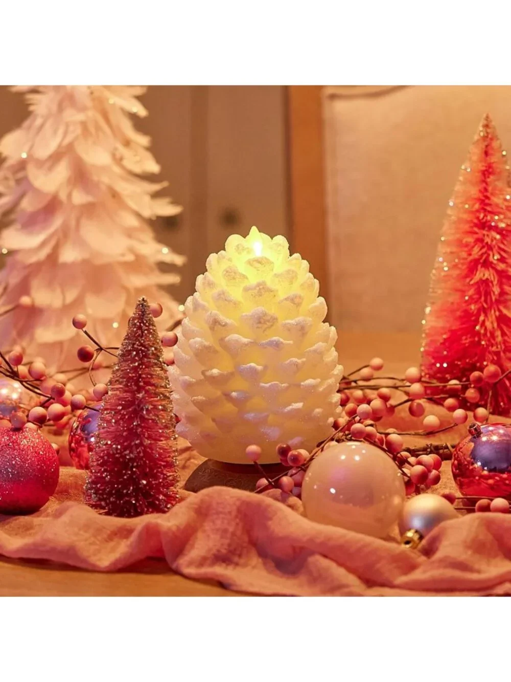 Flameless Pinecone Candle - White Glitter Finish, Real Wax, LED, Battery